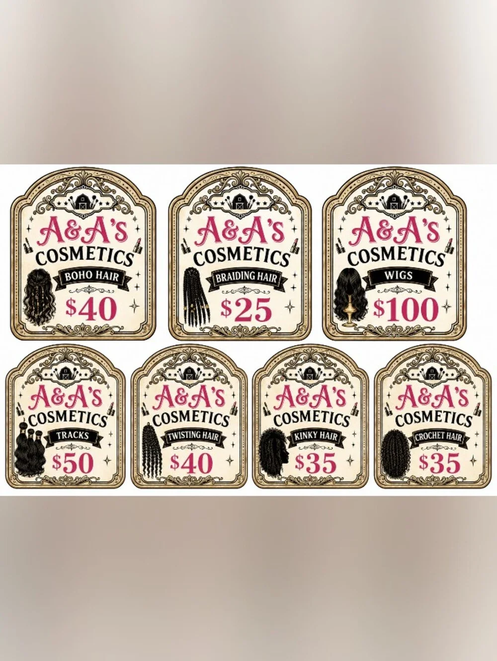 A&A's Cosmetics Hair Services Sign Set — Pink & Cream Labels